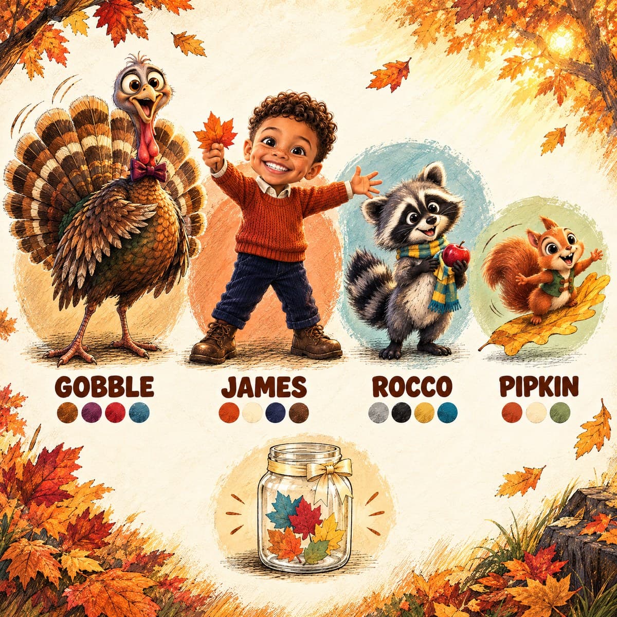 The cast of Your Child and the Table That Grew and Grew: James, Rocco, Gobble, Pipkin