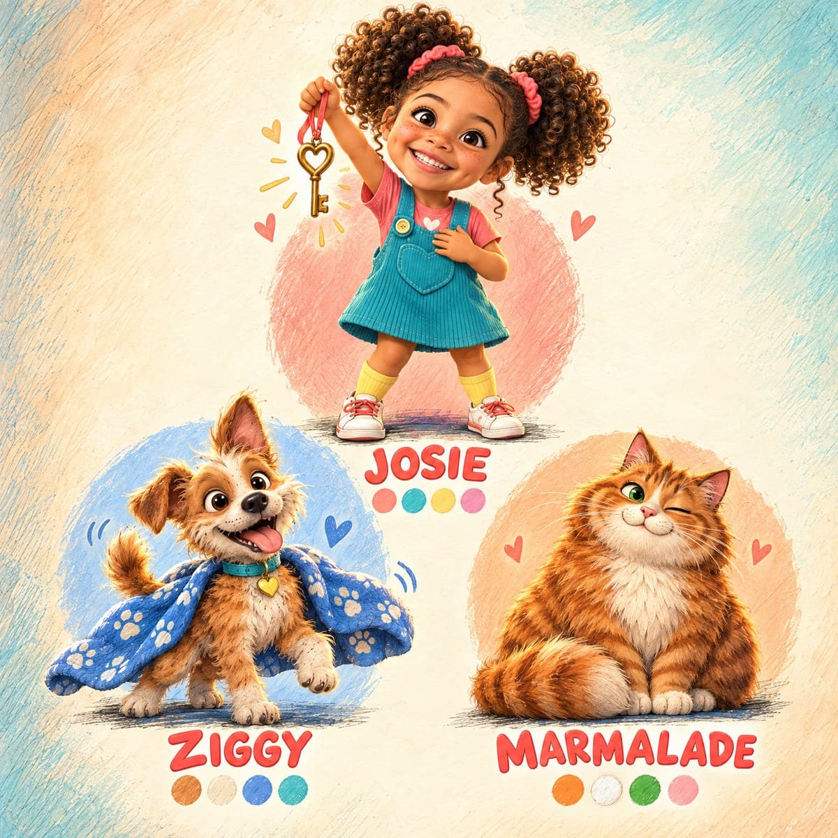 The cast of Your Child's Welcome-Home Box: Josie, Ziggy, Marmalade