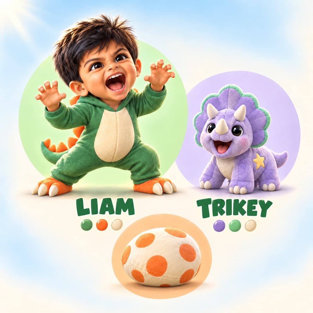 The cast of Little-a-Saurus and the Big Bedtime Battle: Liam, Trikey