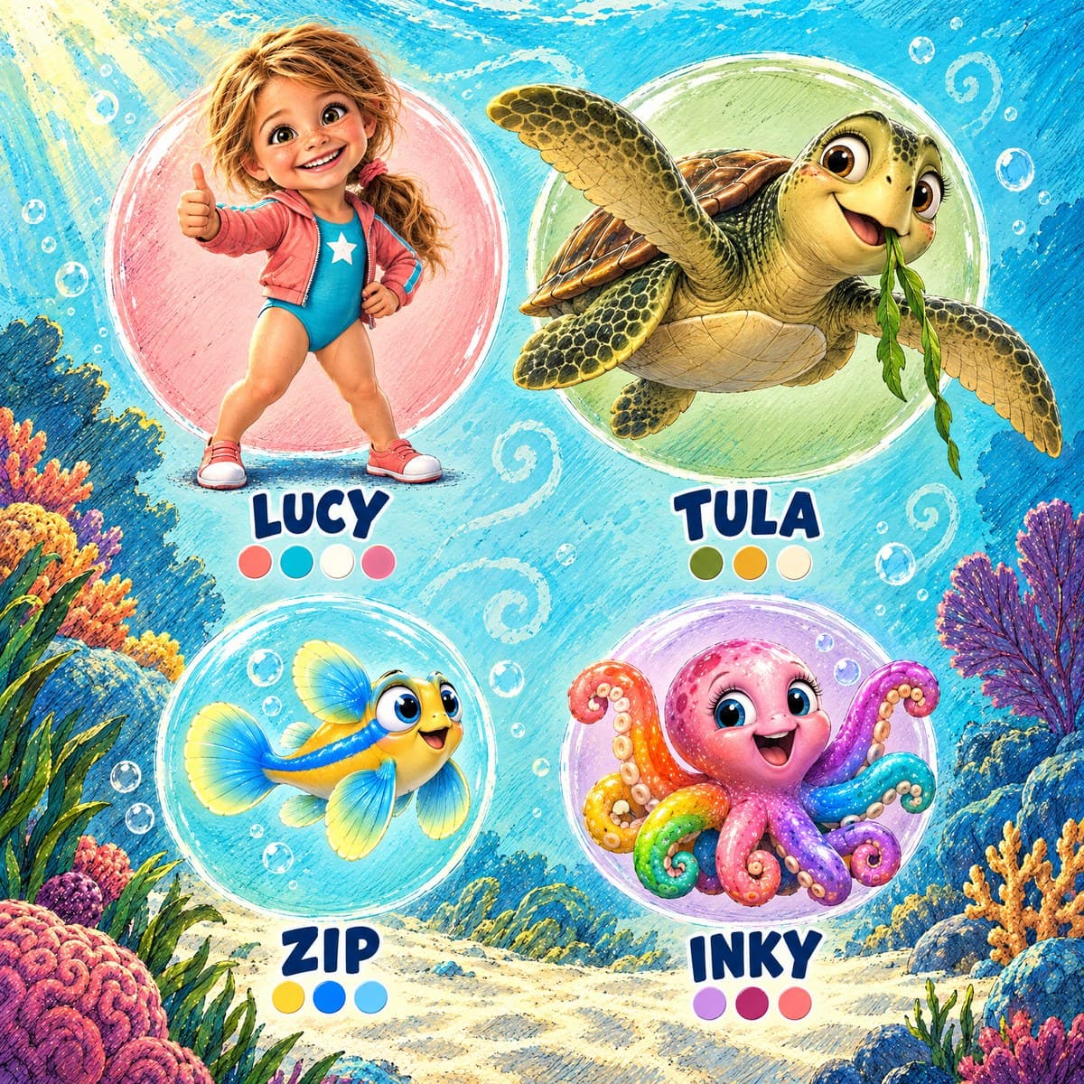 The cast of Your Child and the Tiny Reef Helper: Lucy, Zip, Tula, Inky