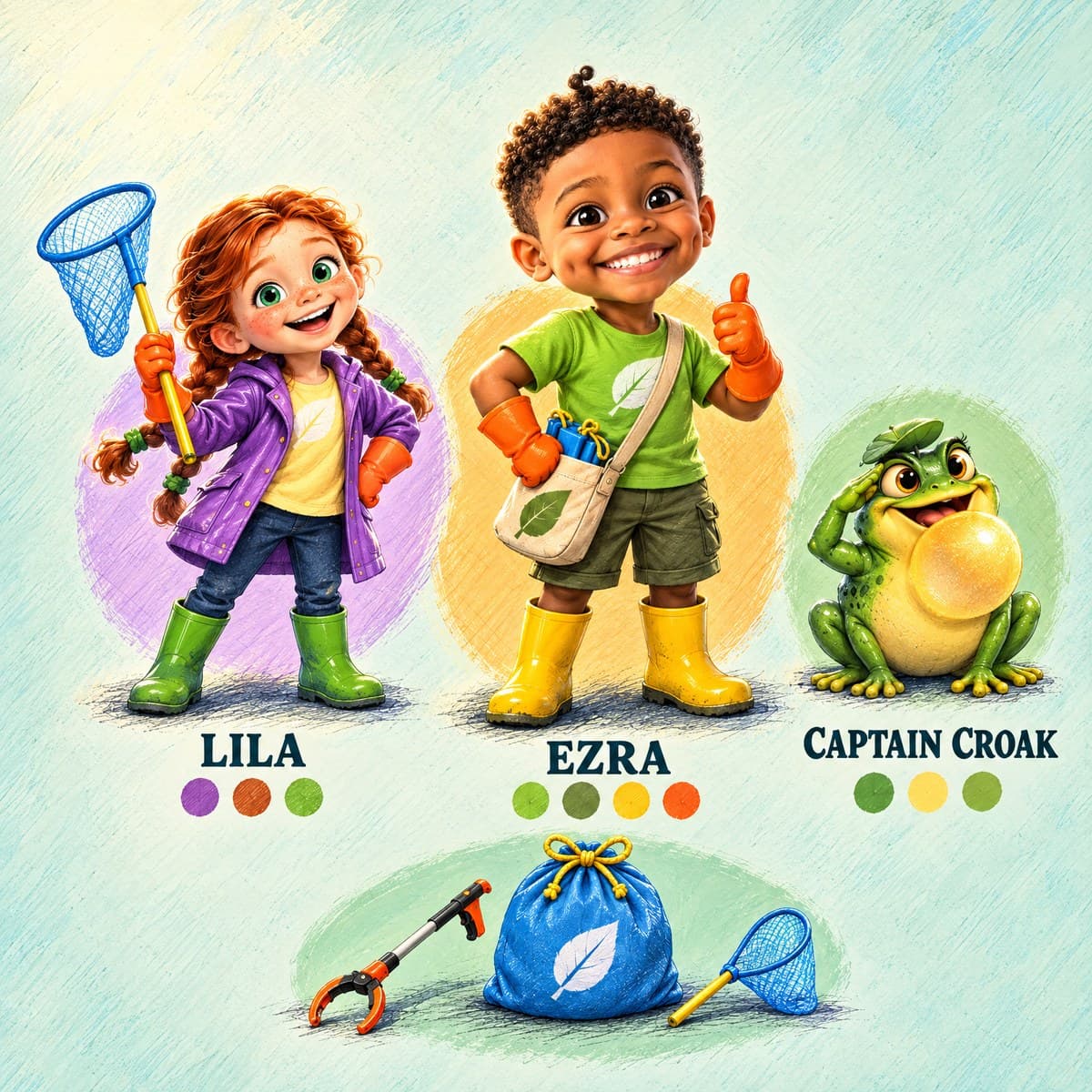 The cast of Make It Sparkle, Your Child!: Ezra, Lila, Captain Croak
