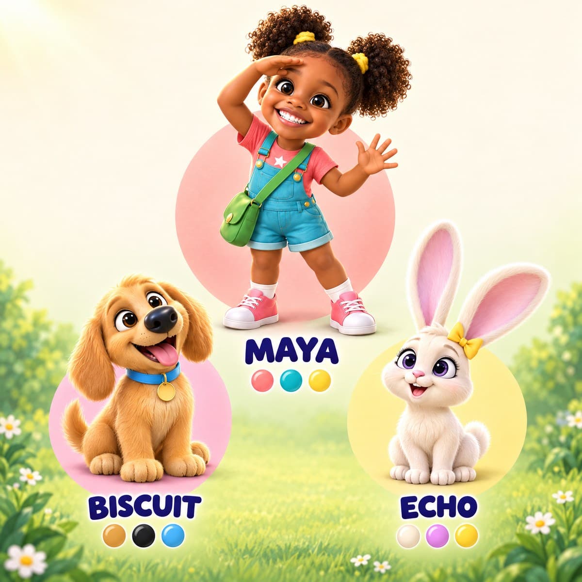The cast of Your Child's Super-Sense Treasure Hunt: Maya, Biscuit, Echo