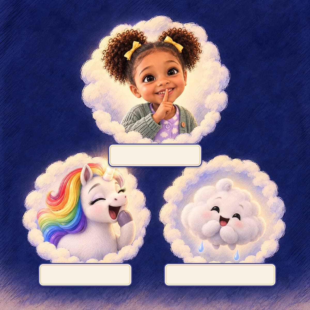 The cast of Your Child and the Rainbow Goodnights: Mia, Juniper, Puff