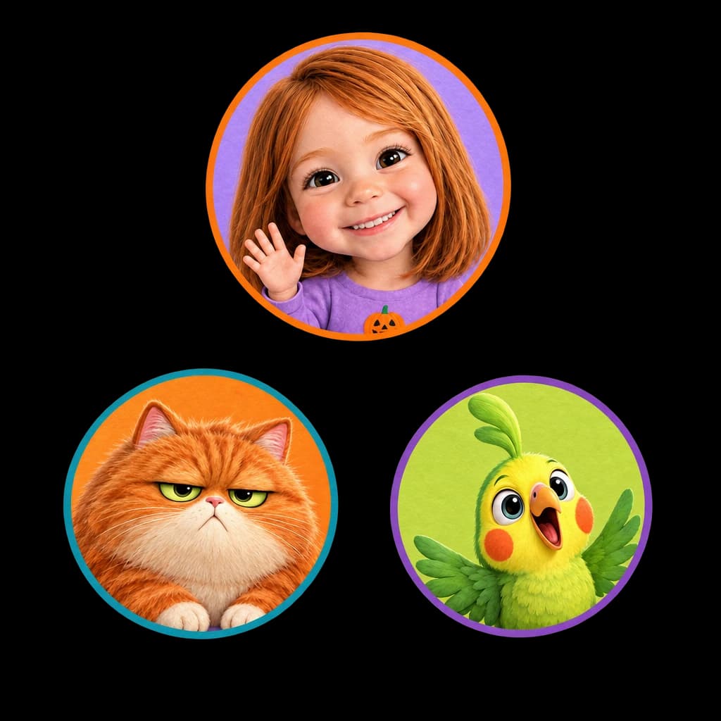 The cast of Your Child and the Wobbly Halloween: Mia, Toast, Pickle