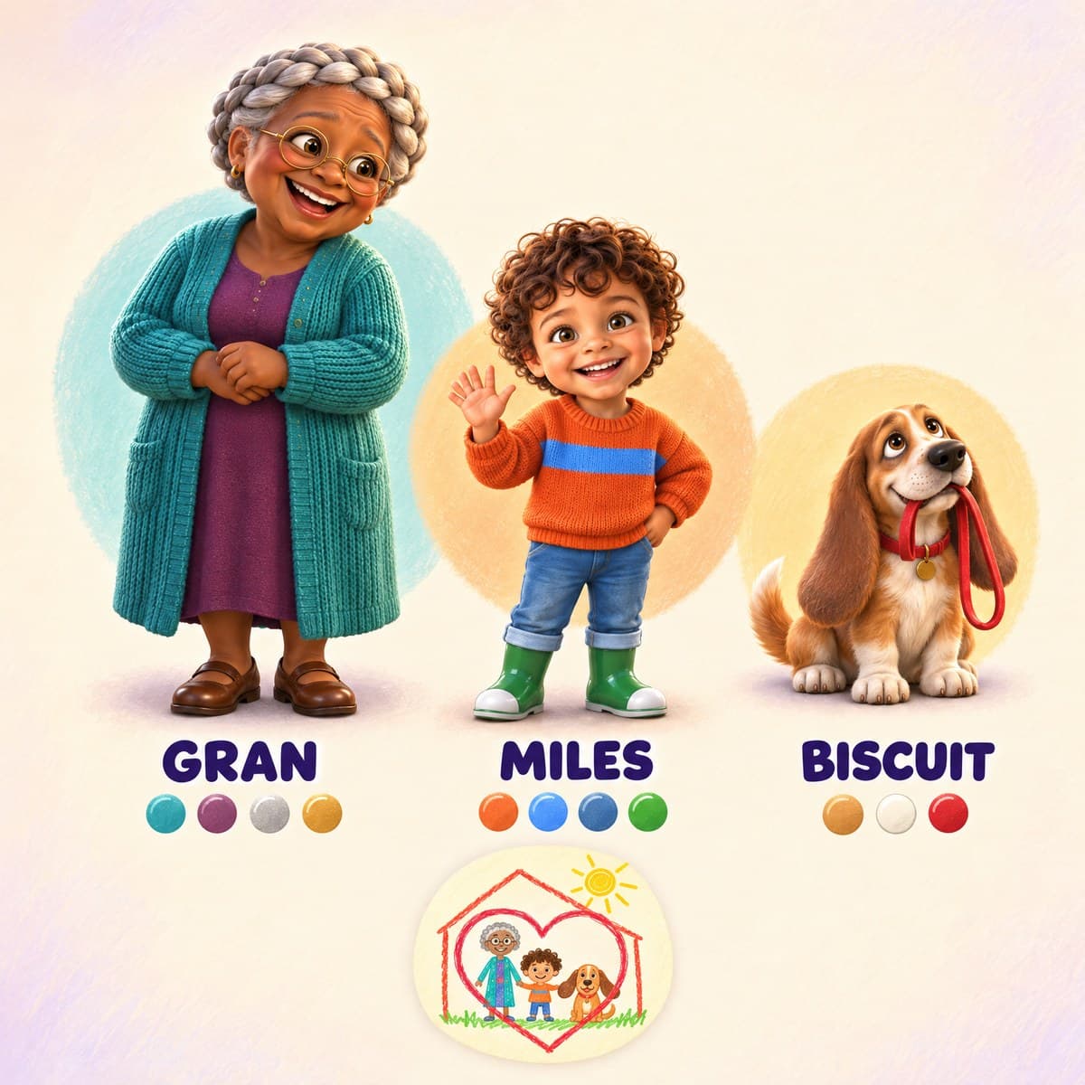 The cast of Your Child and the Light-Up Windows: Miles, Gran, Biscuit