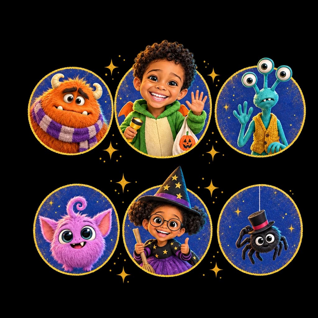 The cast of Your Child and the Monsters Who Were Scared of Halloween: Liam, Bruno, Twig, Dot, Mimi, Sir Legs