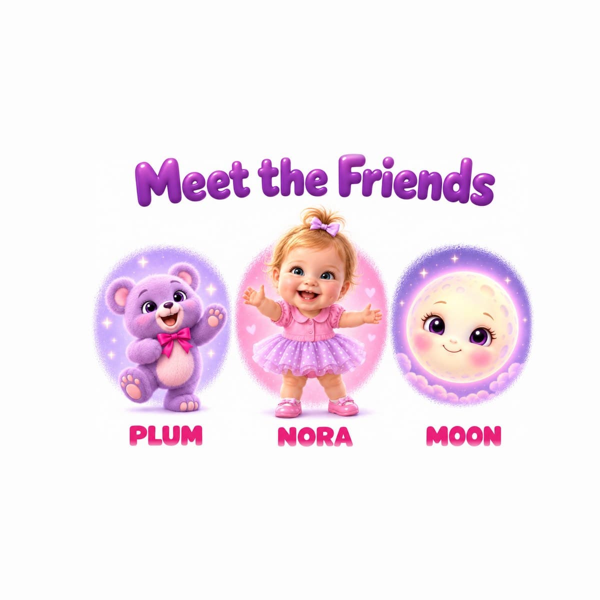 The cast of Your Child and the Birthday Moon: Nora, Plum, Moon