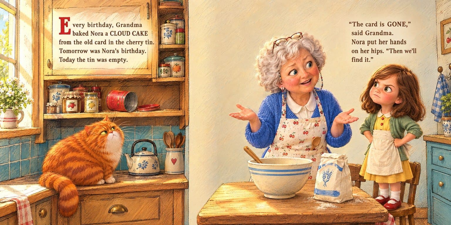 An inside spread from the same book: Nora and Grandma in the kitchen, looking for the lost recipe card