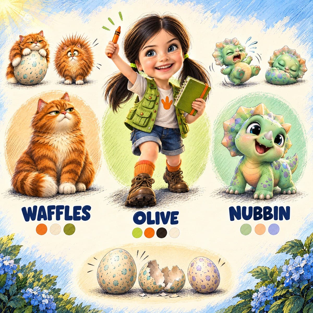 The cast of Your Child's Wait-and-See Egg: Olive, Waffles, Nubbin