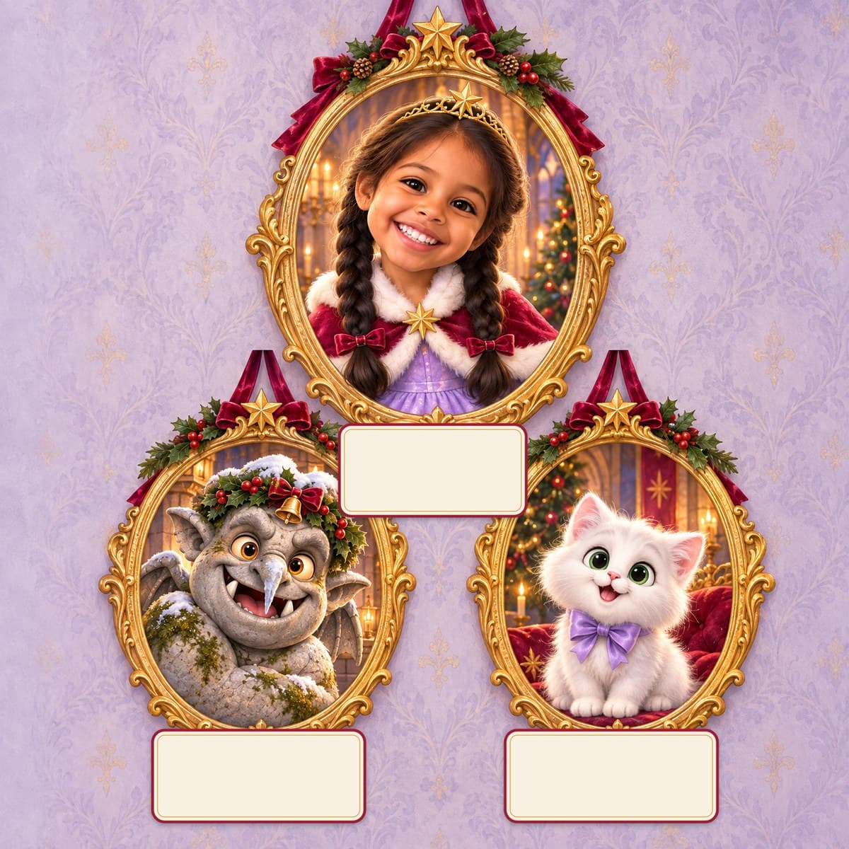 The cast of Princess Your Child and the Grumpy Gargoyle: Elsie, Grimbold, Pudding