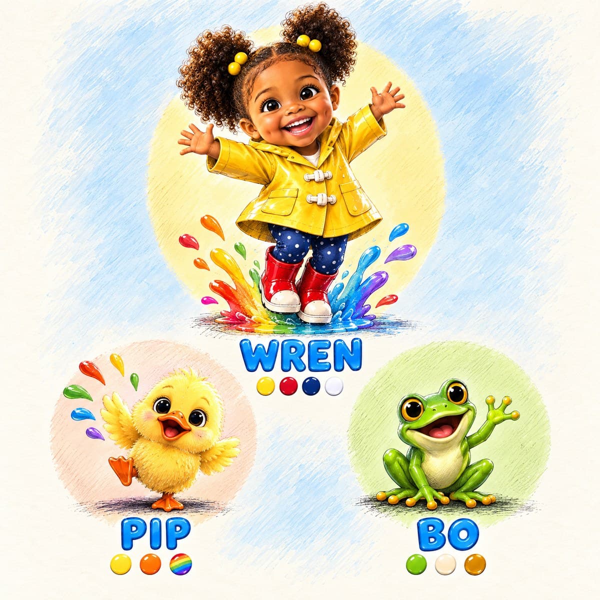 The cast of SPLASH, Your Child! What Colour?: Wren, Pip, Bo
