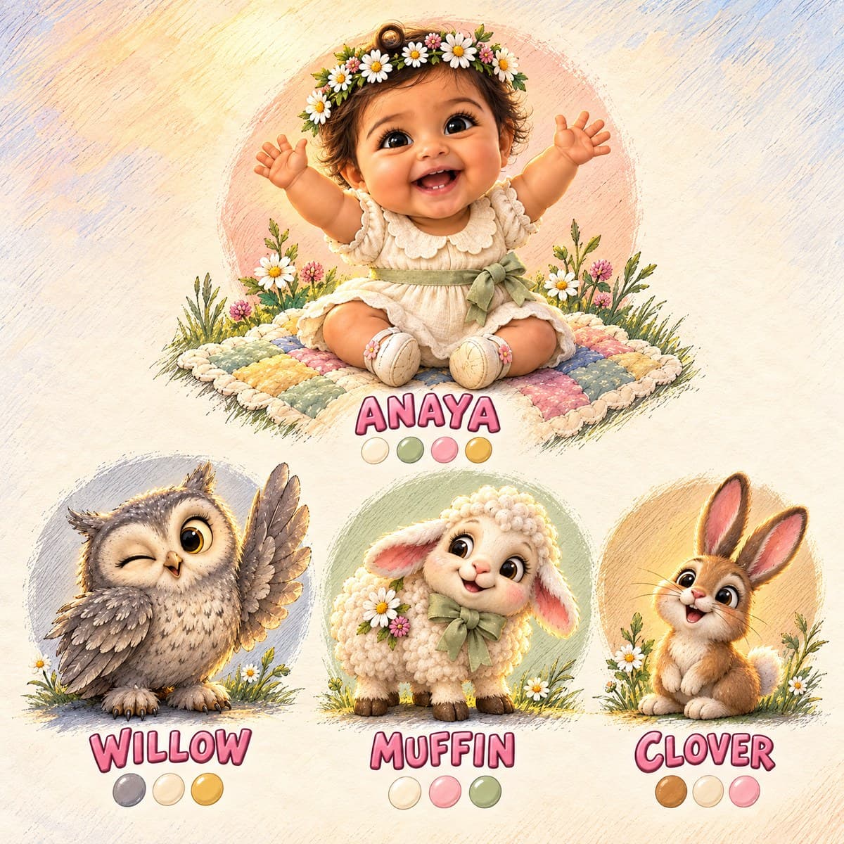 The cast of Welcome, Welcome, Little Your Child!: Anaya, Willow, Muffin, Clover