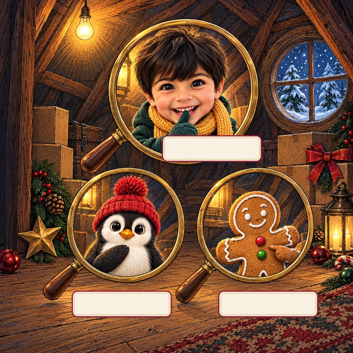 The cast of Where Is Your Child? A Christmas Search-and-Find: Leo, Waddle, Crumb