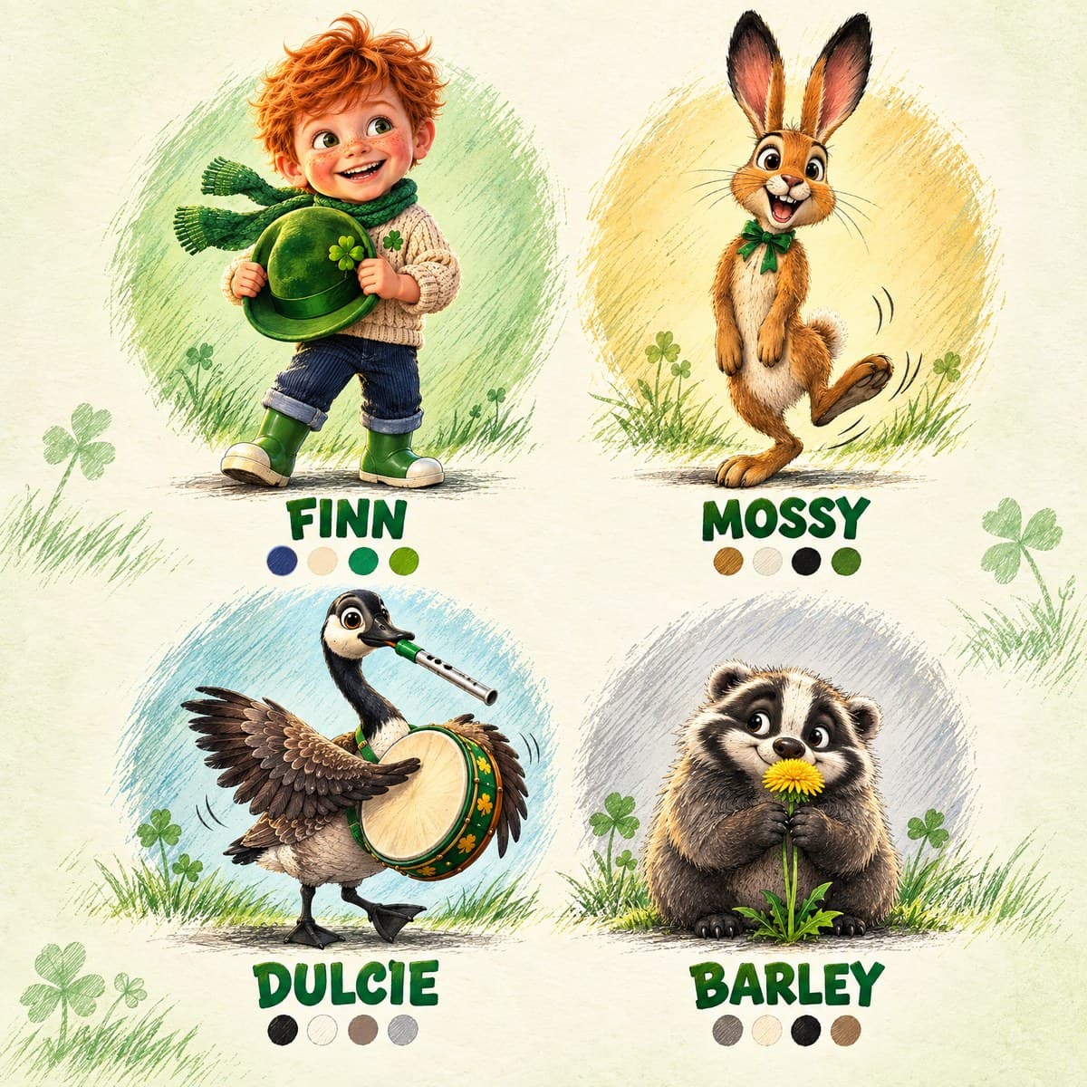 The cast of Whoosh! There Goes Your Child's Hat!: Finn, Mossy, Dulcie, Barley