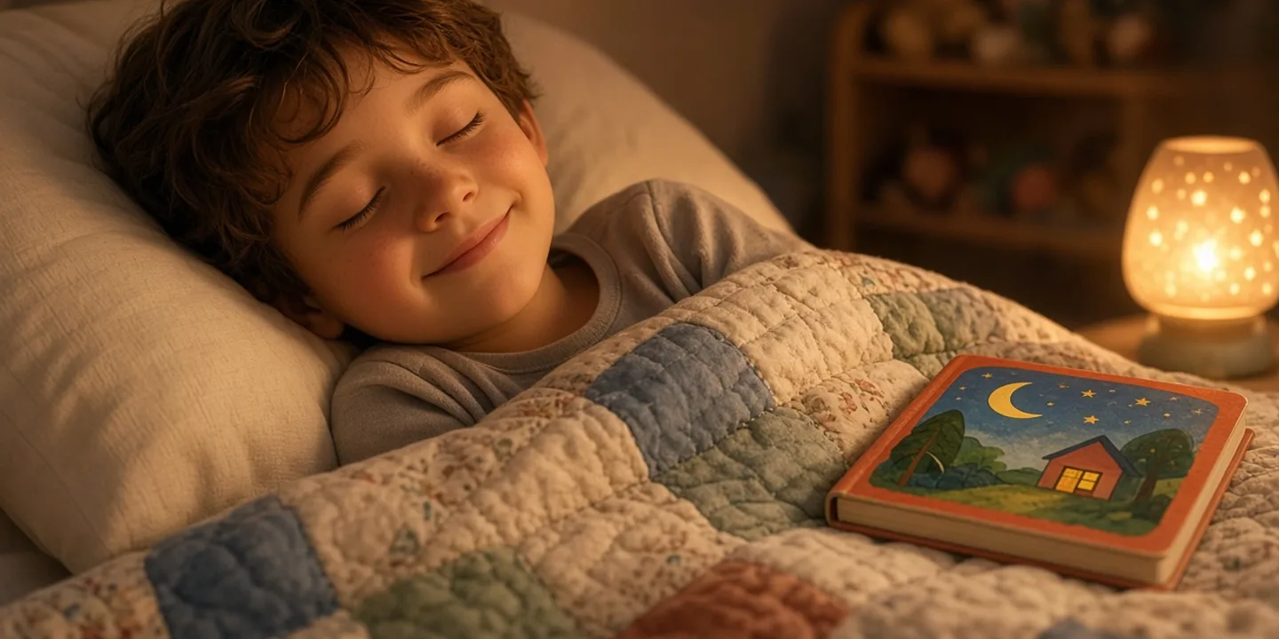 A young child tucked under a quilt at bedtime, eyes closed and smiling, listening to a story beside a softly glowing night lamp with a colorful picture book resting on the blanket