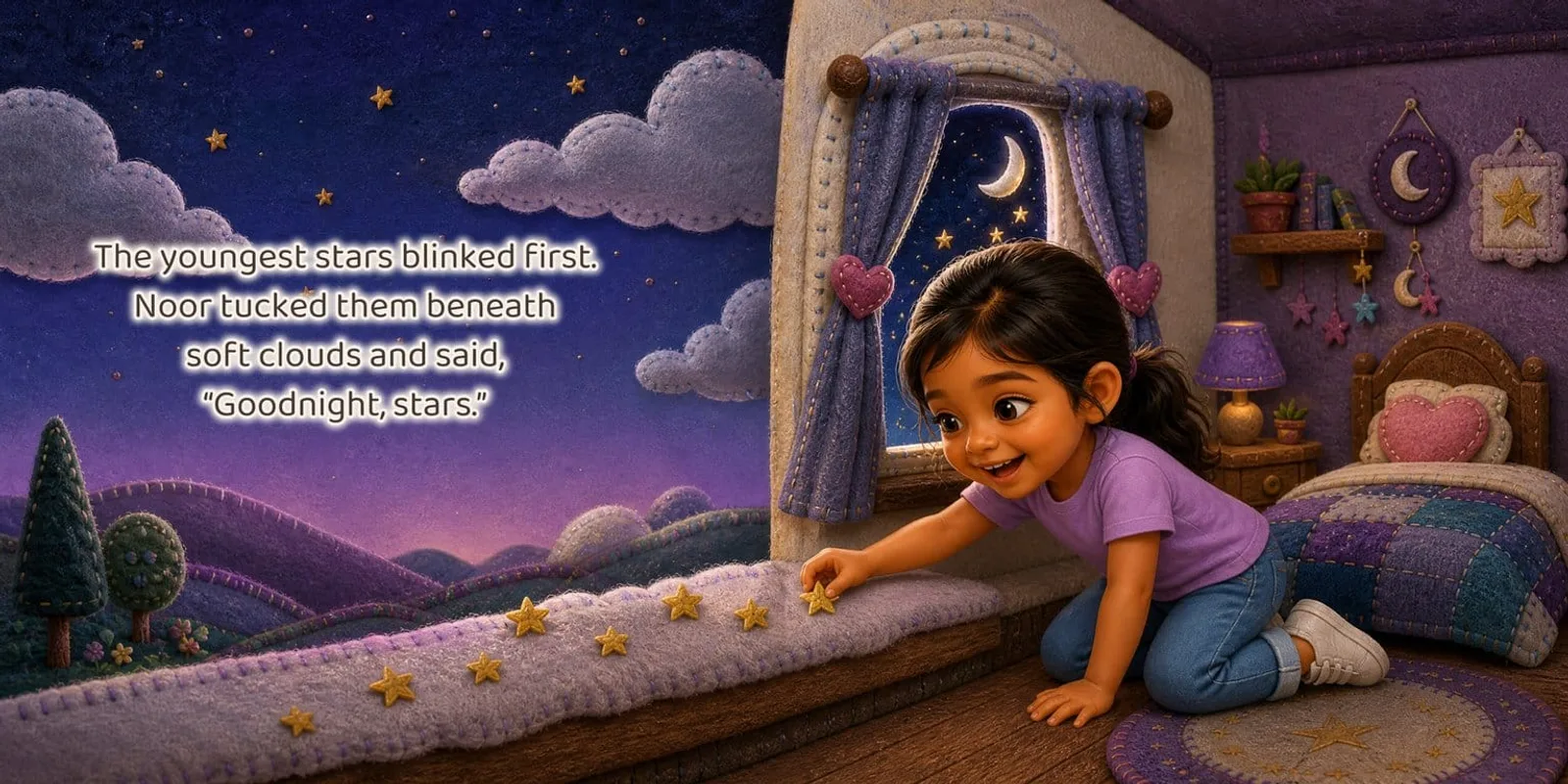 A real picture-book spread in a felt-craft style where the story text reads 'Noor tucked them beneath soft clouds' — the child's own name printed inside the painted page