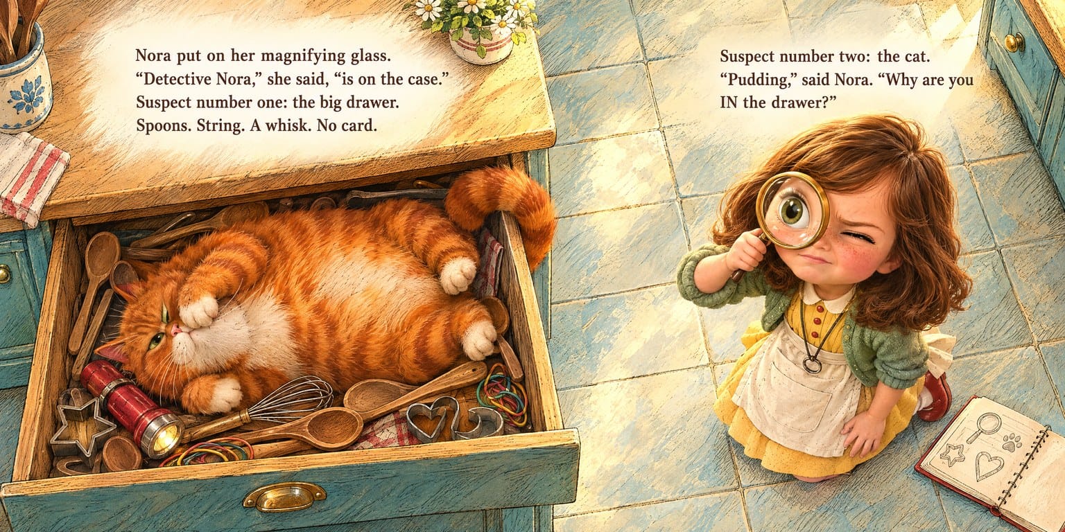 A painted picture-book spread: a girl in a yellow dress and apron peers through a magnifying glass at a fat ginger cat lying in an open kitchen drawer full of spoons and a whisk, with the story text reading 'Detective Nora, she said, is on the case' and 'Pudding, said Nora. Why are you IN the drawer?'